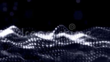 具有景深的可循环抽象粒子背景，灯光和数字元素的辉光.. 黑色波波